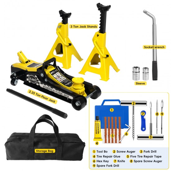 Lifting Range 4.33 Inch -14.17 Inch ,2.25Ton Hydraulic Floor Jack,3 Ton Jack Stands,Tire Repair kit,Yellow,Low Profile Service Jack,4960 LB Capacity,Double Locking Pins