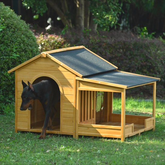 60.2 Inch  Large Wooden Dog House with Porch, Cabin Style Dog Crate with Asphalt Roof and Elevated Floor, Dog Kennel with Side Window and Doors, Perfect for Medium & Large Dogs, Nature