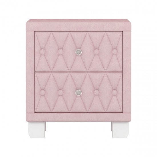 Elegant Velvet Nightstand with 2 Drawers and Crystal Handle, Storage Bedside Table with Button-Tufted, Pink