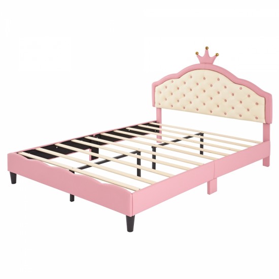 Full Size Lovely Crown Fantasy PU Leather Princess Bed with Tufted Headboard, Pink+Cream