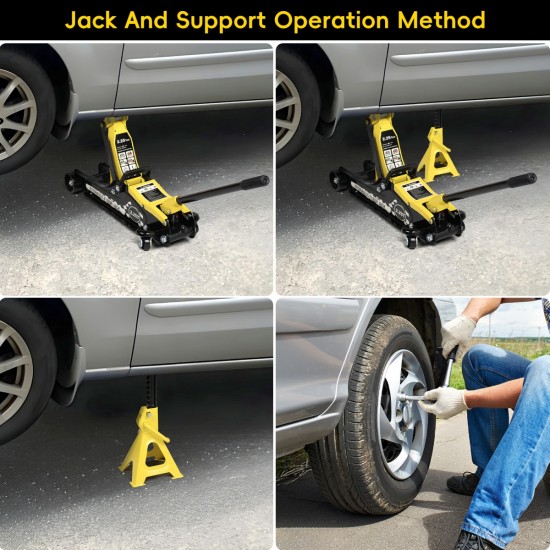 Lifting Range 4.33 Inch -14.17 Inch ,2.25Ton Hydraulic Floor Jack,3 Ton Jack Stands,Tire Repair kit,Yellow,Low Profile Service Jack,4960 LB Capacity,Double Locking Pins