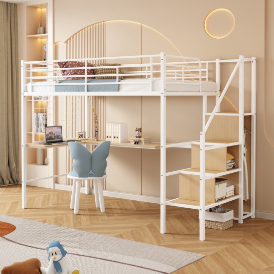 Twin Loft Bed with Desk and Storage Wardrobe, Heavy Duty Loft Bed with Stairs and Metal Grid, Twin Size Loft Bed, No Box Spring Needed, White Loft Bed Twin Size-White