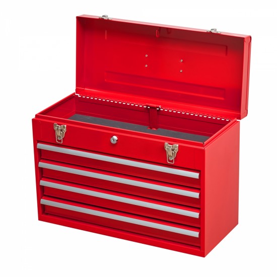 Metal Tool Box with 4 Drawers Portable Steel Tool Chest with Metal Cylinder Lock and Latch Closure, Liner, Red Powder coating, suitable for Garage, Warehouse and Outdoor Repair job-Red