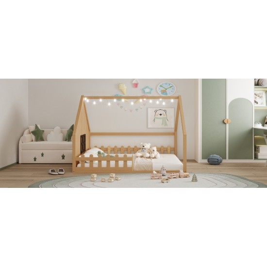 Full Size Wood House Bed with Window and Fence, Natural(Old SKU: WF304147AA)