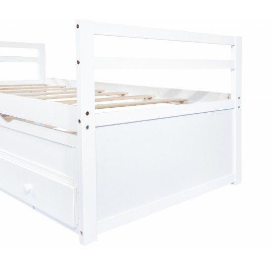 Twin Size Bed with Headboard, Footboard, Trundle and Three Storage Drawers, Twin Size Pine Wood Bed with Headboard, Footboard,White