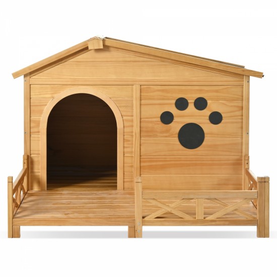 48 Inch  Wooden Dog House Outdoor with Porch, Dog Kennel with Water-Resistant Asphalt Roof and Fencing,Indoor & Outdoor Dog Crate with Paw Print, Medium, Nature