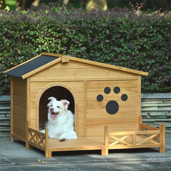 48 Inch  Wooden Dog House Outdoor with Porch, Dog Kennel with Water-Resistant Asphalt Roof and Fencing,Indoor & Outdoor Dog Crate with Paw Print, Medium, Nature