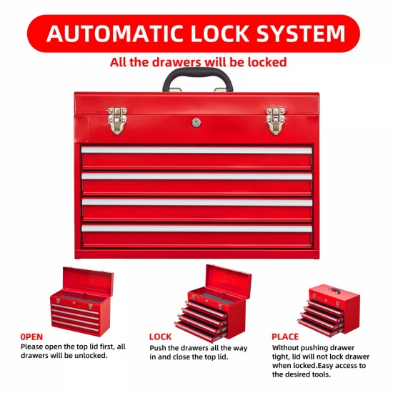 Metal Tool Box with 4 Drawers Portable Steel Tool Chest with Metal Cylinder Lock and Latch Closure, Liner, Red Powder coating, suitable for Garage, Warehouse and Outdoor Repair job-Red