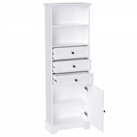 White Tall Storage Cabinet with 3 Drawers and Adjustable Shelves for Bathroom, Study, Office and Interior, MDF Board with Painted Finish (Old Sku:WF298151AAK)