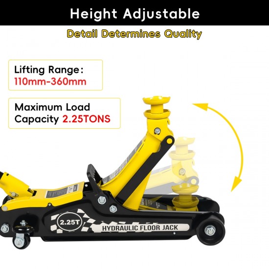 Lifting Range 4.33 Inch -14.17 Inch ,2.25Ton Hydraulic Floor Jack,3 Ton Jack Stands,Tire Repair kit,Yellow,Low Profile Service Jack,4960 LB Capacity,Double Locking Pins