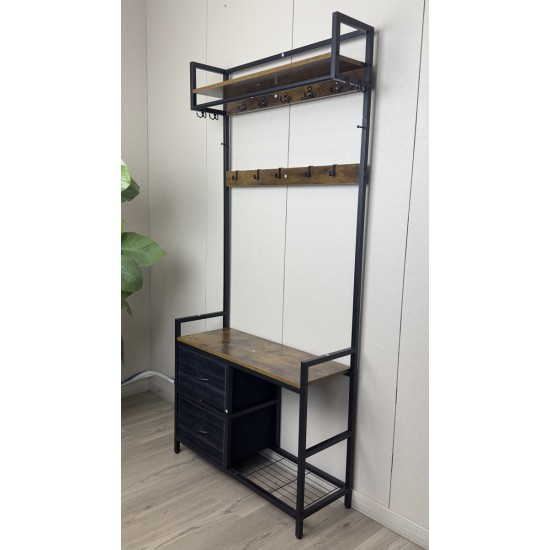 33.1 Inch  Wide Hall Tree with 2 Movable Drawers, Shoe Storage, Shelves and Garment Racks, 5-in-1 Entryway Bench with 23 Hooks (Fixed and Movable)