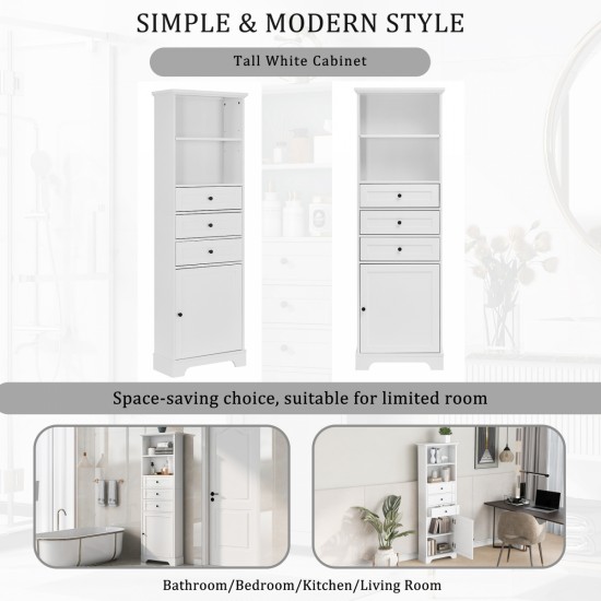 White Tall Storage Cabinet with 3 Drawers and Adjustable Shelves for Bathroom, Study, Office and Interior, MDF Board with Painted Finish (Old Sku:WF298151AAK)