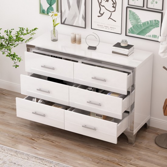 Elegant High Gloss Dresser with Metal Handle,Mirrored Storage Cabinet with 6 Drawers for Bedroom,Living Room,White