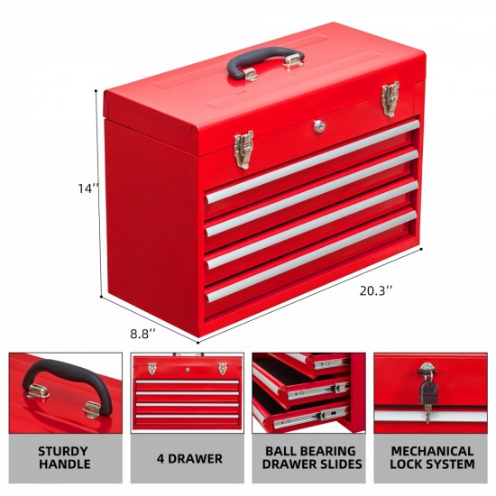 Metal Tool Box with 4 Drawers Portable Steel Tool Chest with Metal Cylinder Lock and Latch Closure, Liner, Red Powder coating, suitable for Garage, Warehouse and Outdoor Repair job-Red