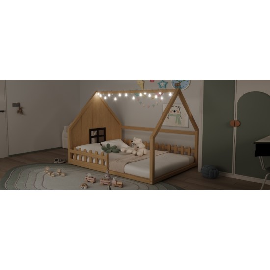 Full Size Wood House Bed with Window and Fence, Natural(Old SKU: WF304147AA)