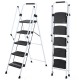 ladder, folding ladder stool, with anti slip wide pedals, steel ladder, with safety anti slip handle, lightweight 300 pound portable steel ladder stool in White 5 steps