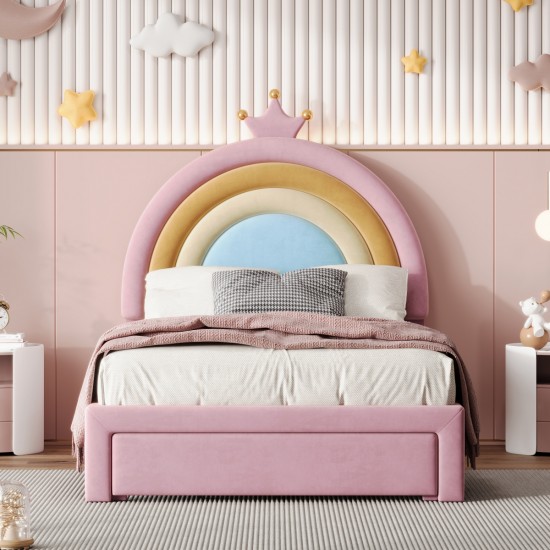 Twin Size Upholstered Rainbow Design Bed, Velvet Princess Platform Bed with Storage Drawer, No Box-spring Needed,Colorful&Pink