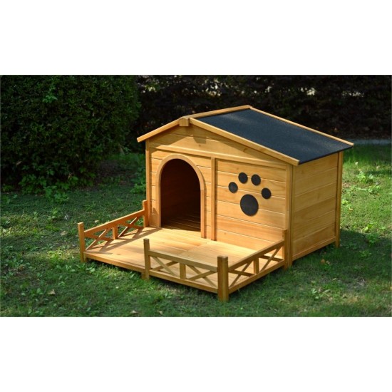 48 Inch  Wooden Dog House Outdoor with Porch, Dog Kennel with Water-Resistant Asphalt Roof and Fencing,Indoor & Outdoor Dog Crate with Paw Print, Medium, Nature