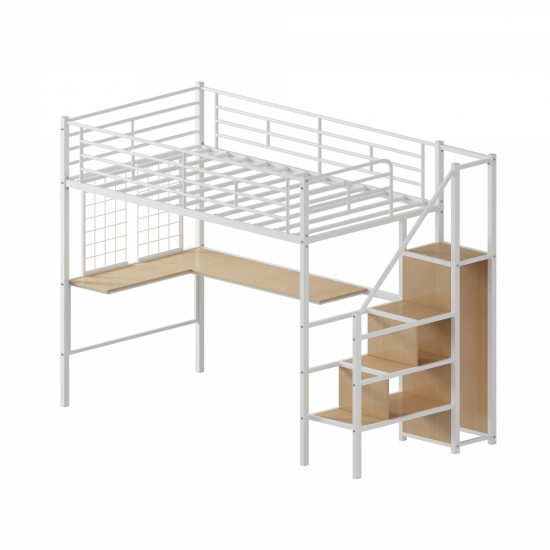 Twin Loft Bed with Desk and Storage Wardrobe, Heavy Duty Loft Bed with Stairs and Metal Grid, Twin Size Loft Bed, No Box Spring Needed, White Loft Bed Twin Size-White