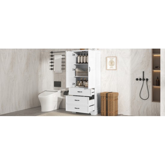 Tall Bathroom Storage Cabinet, Cabinet with Two Doors and Drawers, Adjustable Shelf, MDF Board, White