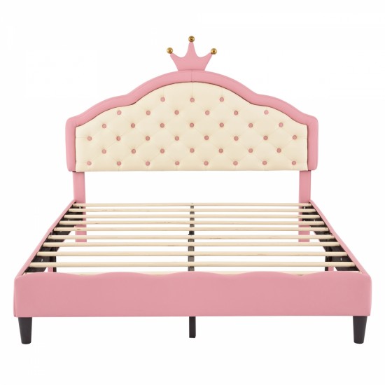 Full Size Lovely Crown Fantasy PU Leather Princess Bed with Tufted Headboard, Pink+Cream