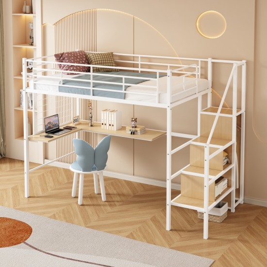 Twin Loft Bed with Desk and Storage Wardrobe, Heavy Duty Loft Bed with Stairs and Metal Grid, Twin Size Loft Bed, No Box Spring Needed, White Loft Bed Twin Size-White