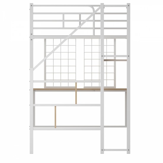 Twin Loft Bed with Desk and Storage Wardrobe, Heavy Duty Loft Bed with Stairs and Metal Grid, Twin Size Loft Bed, No Box Spring Needed, White Loft Bed Twin Size-White