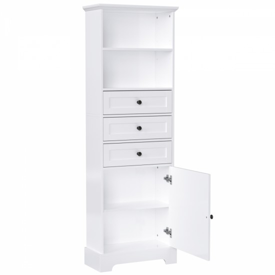 White Tall Storage Cabinet with 3 Drawers and Adjustable Shelves for Bathroom, Study, Office and Interior, MDF Board with Painted Finish (Old Sku:WF298151AAK)