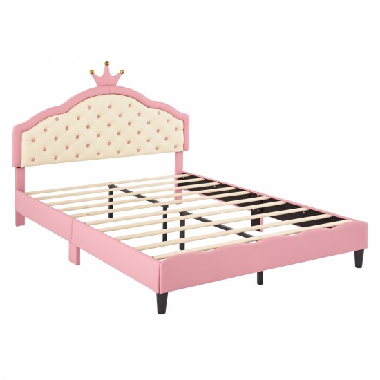 Full Size Lovely Crown Fantasy PU Leather Princess Bed with Tufted Headboard, Pink+Cream