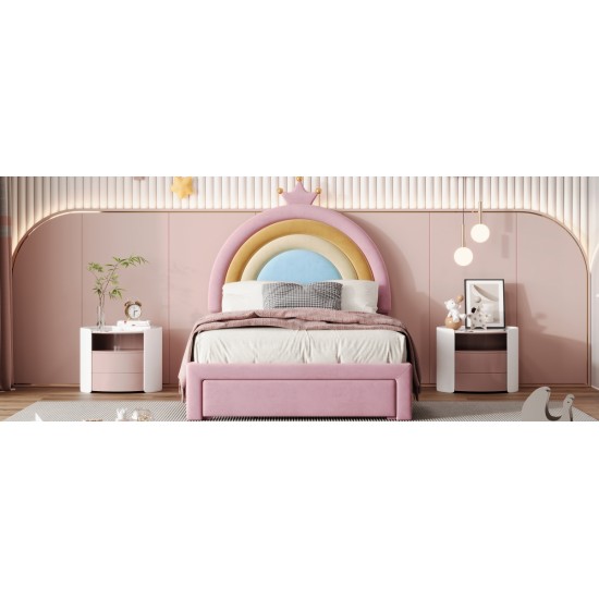 Twin Size Upholstered Rainbow Design Bed, Velvet Princess Platform Bed with Storage Drawer, No Box-spring Needed,Colorful&Pink