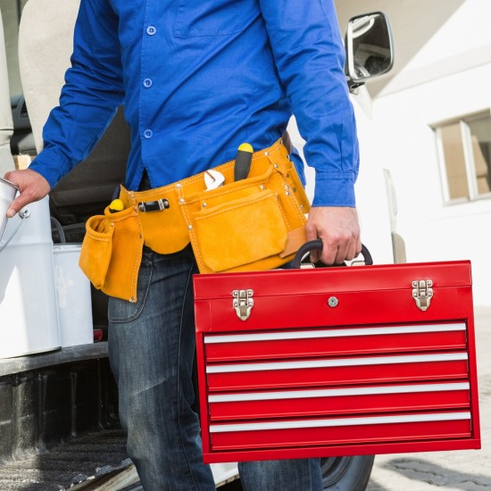 Metal Tool Box with 4 Drawers Portable Steel Tool Chest with Metal Cylinder Lock and Latch Closure, Liner, Red Powder coating, suitable for Garage, Warehouse and Outdoor Repair job-Red