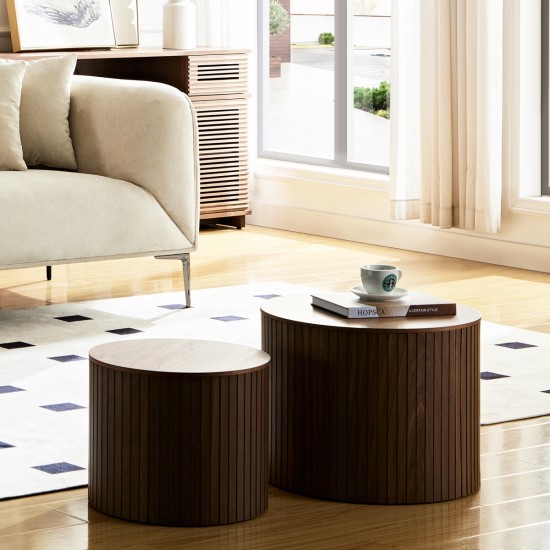 MDF nested table set 2 pieces, handcrafted round coffee table in living/lounge area, walnut color