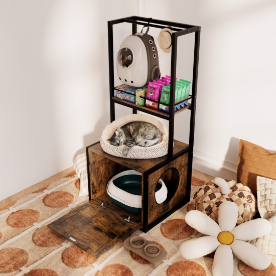 55 Inch Refined Litter Box Enclosure with Storage Shelves and 2 Hanging Clothes Rack, 4-in-1 Hidden Cat Litter Box Enclosure Furniture with Shelf, Reversible Entrance,Rustic Brown