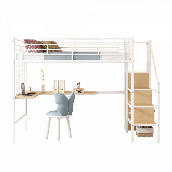 Twin Loft Bed with Desk and Storage Wardrobe, Heavy Duty Loft Bed with Stairs and Metal Grid, Twin Size Loft Bed, No Box Spring Needed, White Loft Bed Twin Size-White