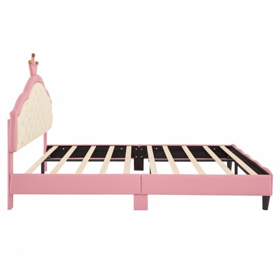 Full Size Lovely Crown Fantasy PU Leather Princess Bed with Tufted Headboard, Pink+Cream