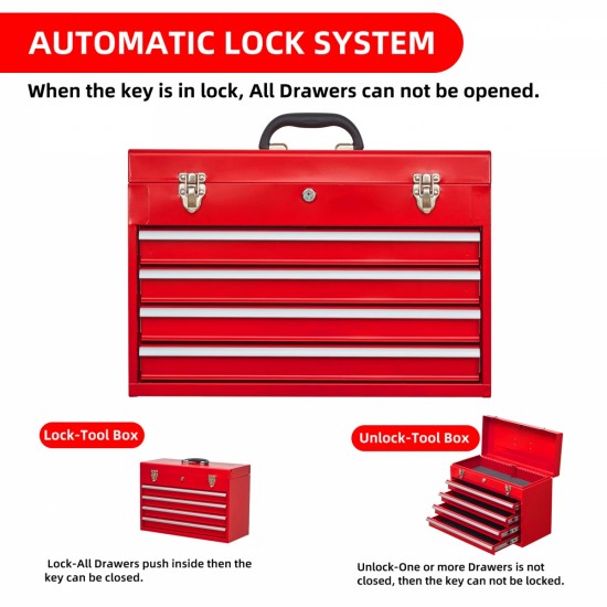 Metal Tool Box with 4 Drawers Portable Steel Tool Chest with Metal Cylinder Lock and Latch Closure, Liner, Red Powder coating, suitable for Garage, Warehouse and Outdoor Repair job-Red