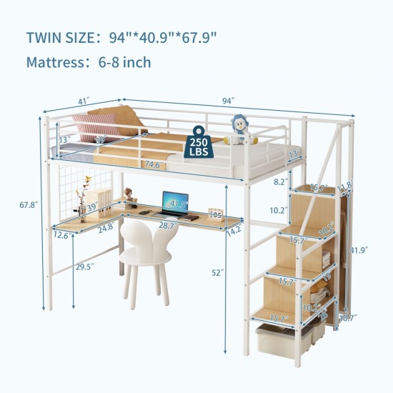 Twin Loft Bed with Desk and Storage Wardrobe, Heavy Duty Loft Bed with Stairs and Metal Grid, Twin Size Loft Bed, No Box Spring Needed, White Loft Bed Twin Size-White