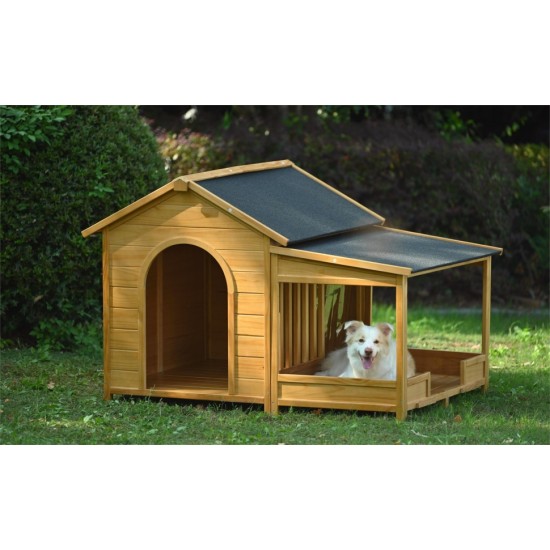 60.2 Inch  Large Wooden Dog House with Porch, Cabin Style Dog Crate with Asphalt Roof and Elevated Floor, Dog Kennel with Side Window and Doors, Perfect for Medium & Large Dogs, Nature