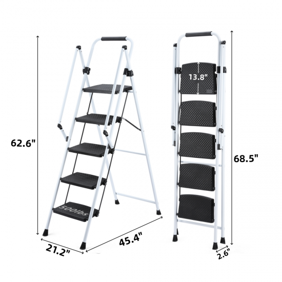 ladder, folding ladder stool, with anti slip wide pedals, steel ladder, with safety anti slip handle, lightweight 300 pound portable steel ladder stool in White 5 steps