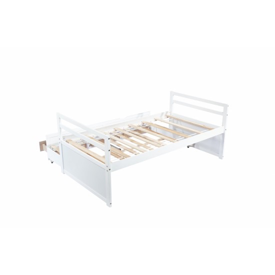 Twin Size Bed with Headboard, Footboard, Trundle and Three Storage Drawers, Twin Size Pine Wood Bed with Headboard, Footboard,White