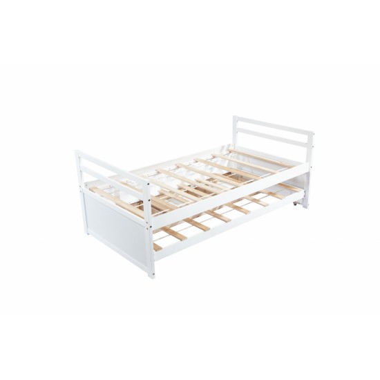 Twin Size Bed with Headboard, Footboard, Trundle and Three Storage Drawers, Twin Size Pine Wood Bed with Headboard, Footboard,White