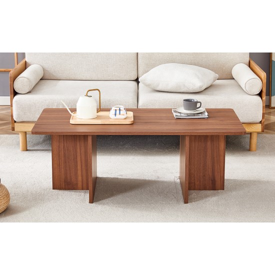 44.8 Inch Walnut Wood Grain MDF Coffee Table - Modern Luxury, Stable Triangular Support.The coffee table is made of medium density fiberboard material and is suitable for living rooms, bedrooms,etc.