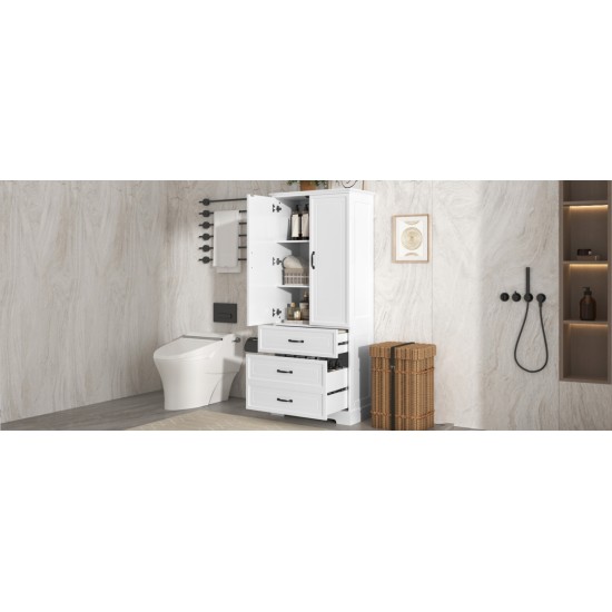 Tall Bathroom Storage Cabinet, Cabinet with Two Doors and Drawers, Adjustable Shelf, MDF Board, White