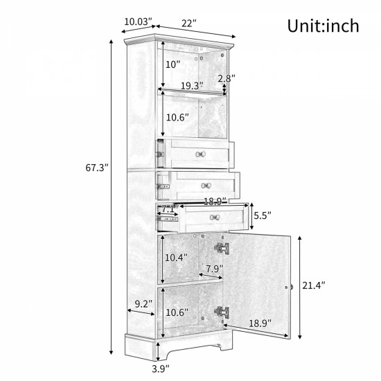 White Tall Storage Cabinet with 3 Drawers and Adjustable Shelves for Bathroom, Study, Office and Interior, MDF Board with Painted Finish (Old Sku:WF298151AAK)