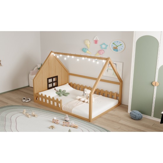 Full Size Wood House Bed with Window and Fence, Natural(Old SKU: WF304147AA)