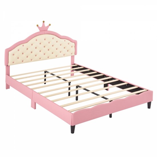 Full Size Lovely Crown Fantasy PU Leather Princess Bed with Tufted Headboard, Pink+Cream