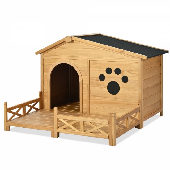 48 Inch  Wooden Dog House Outdoor with Porch, Dog Kennel with Water-Resistant Asphalt Roof and Fencing,Indoor & Outdoor Dog Crate with Paw Print, Medium, Nature