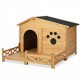 48 Inch  Wooden Dog House Outdoor with Porch, Dog Kennel with Water-Resistant Asphalt Roof and Fencing,Indoor & Outdoor Dog Crate with Paw Print, Medium, Nature