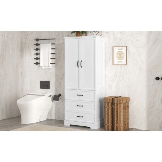 Tall Bathroom Storage Cabinet, Cabinet with Two Doors and Drawers, Adjustable Shelf, MDF Board, White