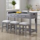 TREXM 4-piece Dining Bar Table Set with 3 Upholstered Stools, Multifunctional Dining Table with 3 Drawers (Gray)